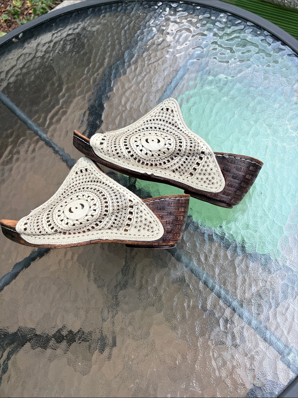 Perforated Cream Leather Wedge Mules with Woven Brown Heel
